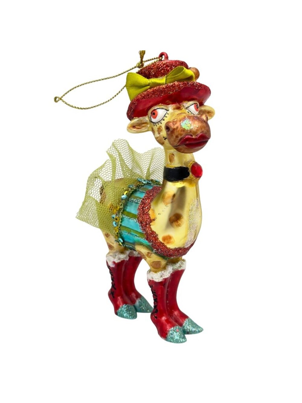 Robert Stanley Giraffe Ornament Blown Glass Red Glitter Hat Bow Teal Tutu Boots
